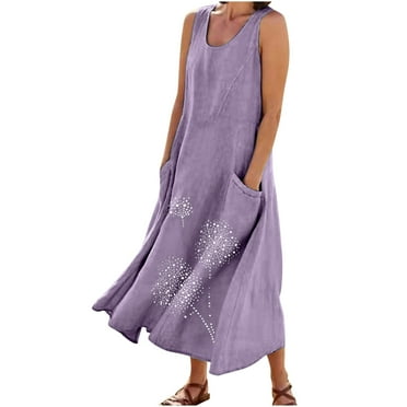 Diufon Women's Summer Casual Long Dresses Round Neck Sleeveless Dress Dandelion Print Dress with Pockets