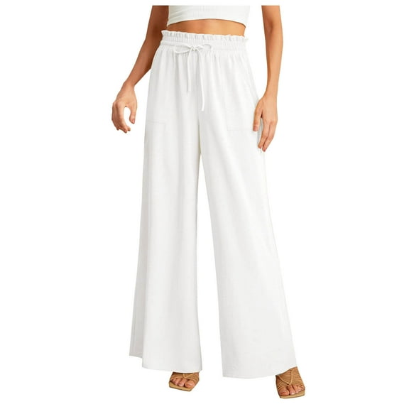 Diufon Women's Summer Casual Pants Wide Leg Loose Elastic High Waisted Drawstring Dress Pant with Pockets