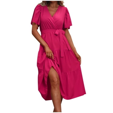 Diufon Women's Summer Dresses V Neck Puff Short Sleeve Dress Elastic Lace-Up Waisted Solid Color Dress