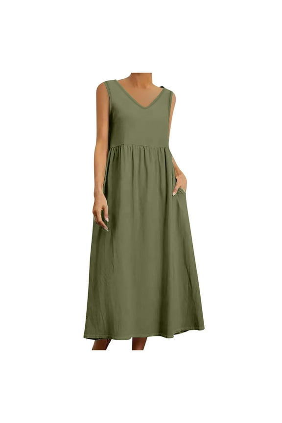 Women's Summer Dresses V Neck Sleeveless Dresses Solid Color Trendy Pleated Dresses with Pockets
