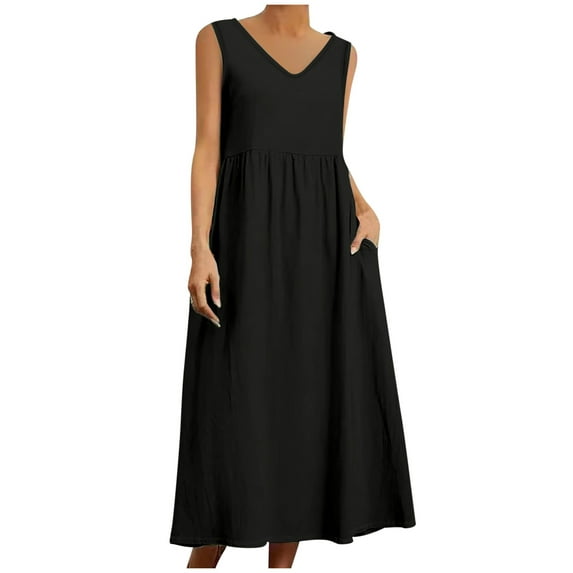 Diufon Women's Summer Dresses V Neck Sleeveless Dresses Solid Color Trendy Pleated Dresses with Pockets