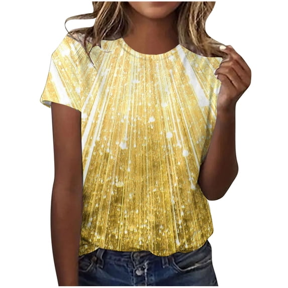 Diufon Women's Summer Short Sleeve Tunic Casual Loose Round Neck Shirts Sparkling Printed Tees