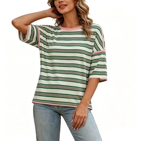 Diufon Women's Summer Striped Tops Casual Short Sleeve Crewneck Shirts Spring Color Block Basic Loose Blouses