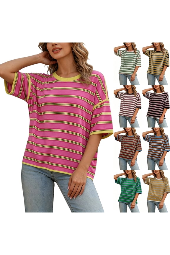 Women's Summer Striped Tops Casual Short Sleeve Crewneck Shirts Spring Color Block Basic Loose Blouses