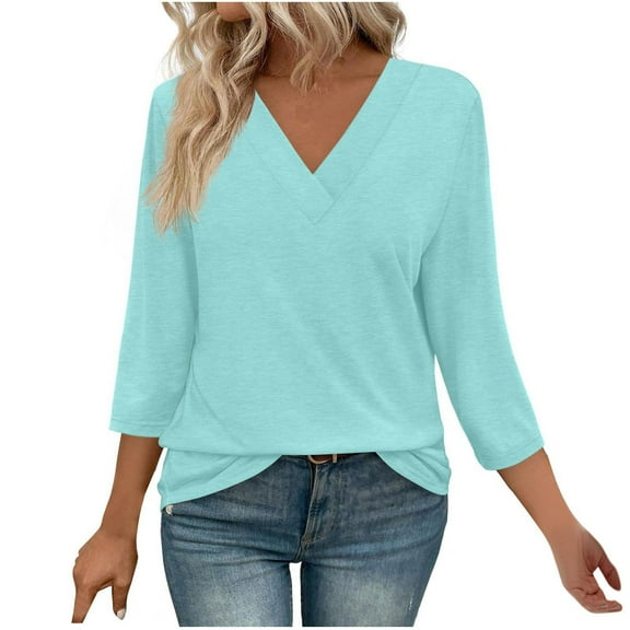 Diufon Women's Summer Tops Casual Plus Size 3/4 Sleeve V Neck Tunic Shirts Spring Trendy Loose Basic Crop Top