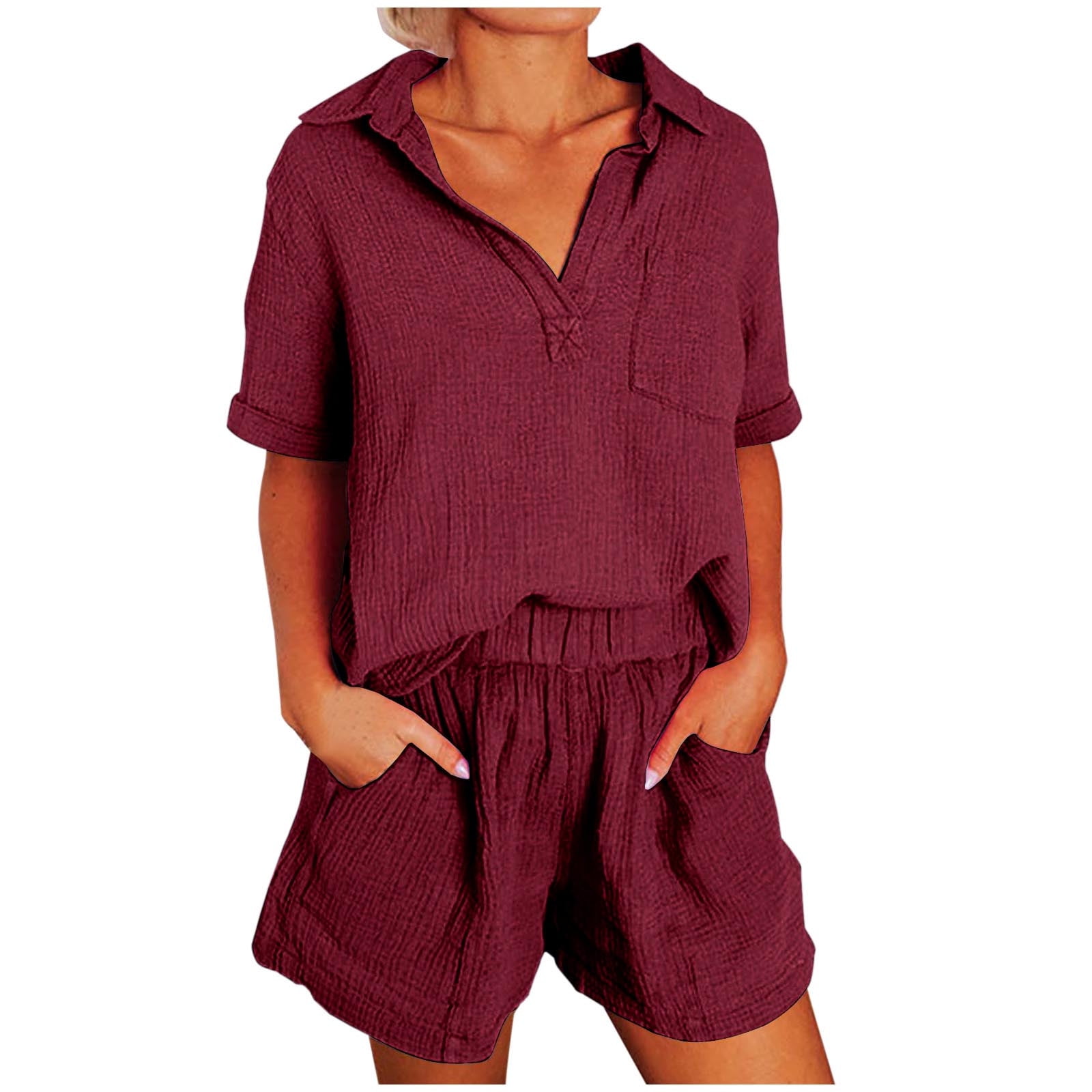 Casual Solid Pocket Frenulum With Bow V Neck Short Sleeve Two Pieces(3 Colors) Casual Solid Pocket Frenulum With Bow V Neck Short Sleeve Two Pieces(3 Colors)