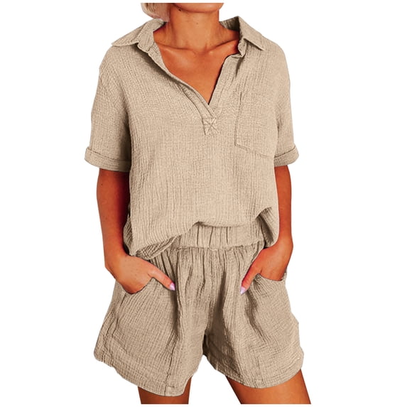 Diufon Women's Summer Tracksuits Short Sleeve V Neck Tops Elastic Waist Shorts Solid Color Suits with Pockets