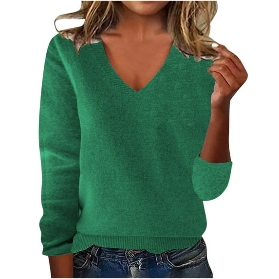 Diufon Womens Sweaters Fall Winter Warm Long Sleeve V Neck Knitwear Soft Thin Solid Color Tunic Pullover Tops
