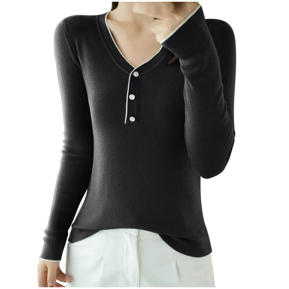 Diufon Women's Sweaters Fall Winter Warm Long Sleeve V Neck Button Slim Knitwear Casual Solid Color Thin Pullovers