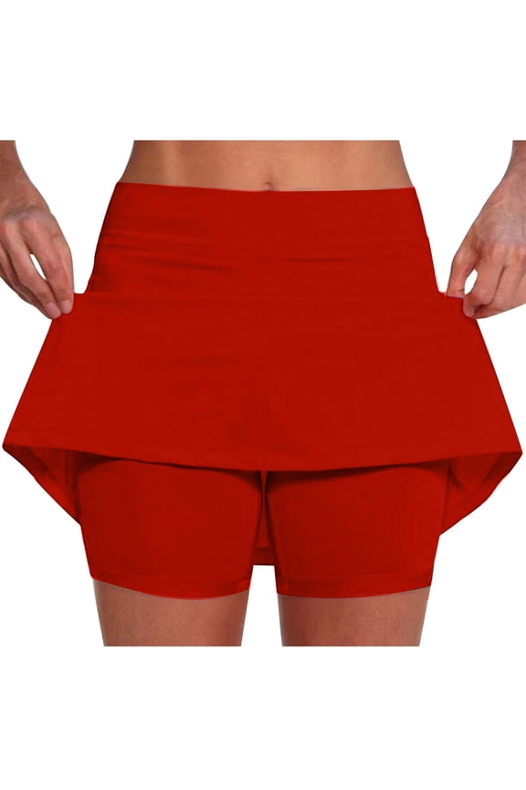 Women's Tennis Skirt Shorts Stretch Mid Waist Yoga Short Trouser Solid Color Lightweight Gym Pant (Large, Red)