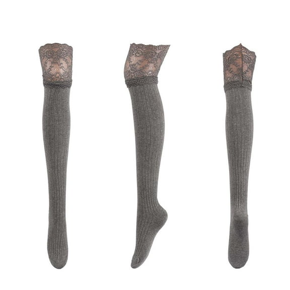 Diufon Women's Thigh High Socks Soft Lace Striped Over the Knee Socks Cotton Solid Color Stocking for Women