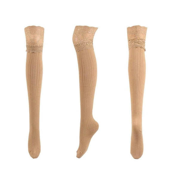 Diufon Women's Thigh High Socks Soft Lace Striped Over the Knee Socks Cotton Solid Color Stocking for Women