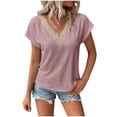 thumbnail image 1 of Diufon Women's Tops Casual Short Sleeve Lace Cut-outs V Neck Shirts Summer Loose Solid Color Basic Blouses, 1 of 7