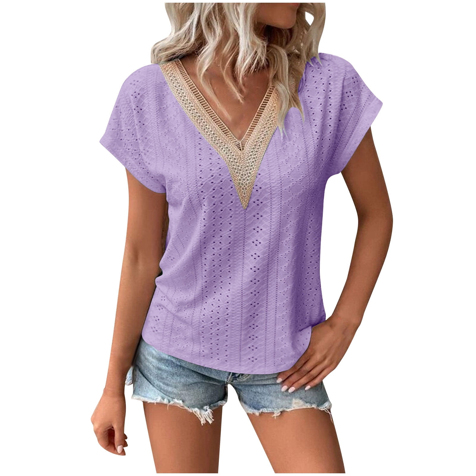Diufon Women's Tops Casual Short Sleeve Lace Cut-outs V Neck Shirts