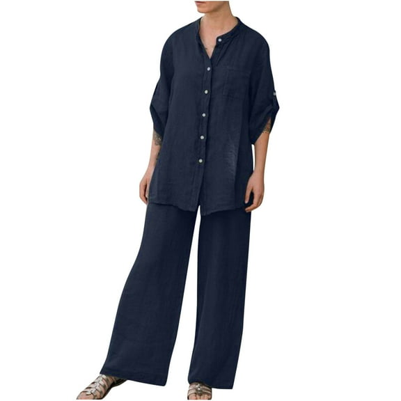 Diufon Women's Two Piece Sets Long Sleeve Button Down Shirts Solid Color Lounge Pants Cotton Linen Outfits