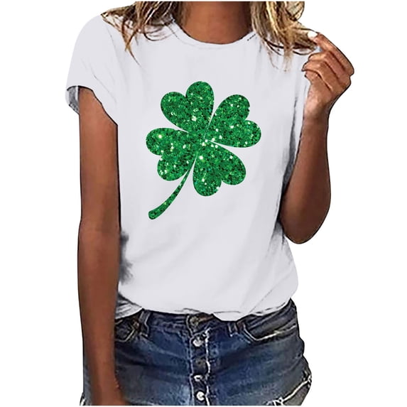 Diufon St Patricks Day Shirt Women Short Sleeve Crewneck Tee Blouse Shamrock Graphic Print Pullover Tops