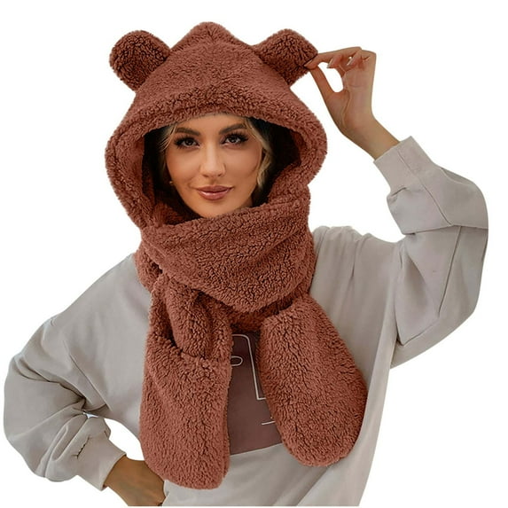 Diufon Women's Warm Hat Scarf Gloves Set Winter Plush Thickened Cute Hats Windproof Outdoor Ski 3-in-1 Cap