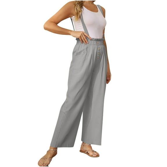 Diufon Women's Wide Leg Overalls Sleeveless Cotton Button Suspender Jumpsuits Ruffle Elastic Waist Pants