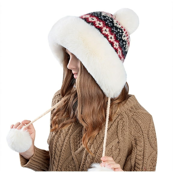 Diufon Women's Winter Knitted Hat Plush Thickened Warm Windproof Hats Fleece Lined Ski Cap with Plush Ball