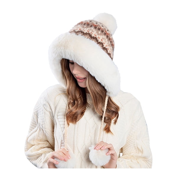 Diufon Women's Winter Knitted Hat Plush Thickened Warm Windproof Hats Fleece Lined Ski Cap with Plush Ball