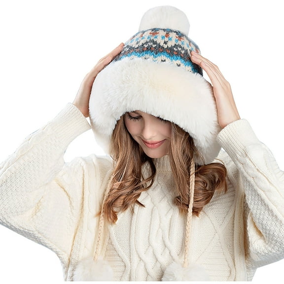 Diufon Women's Winter Knitted Hat Plush Thickened Warm Windproof Hats Fleece Lined Ski Cap with Plush Ball