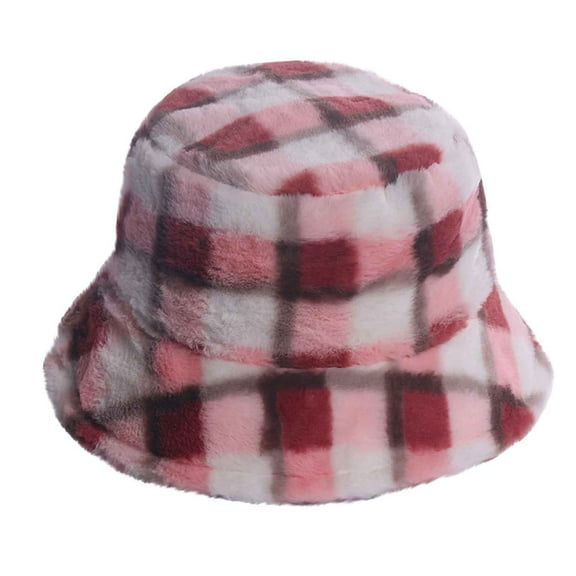 Diufon Women's Winter Warm Bucket Hat Plush Thickened Warm Plaid Hats Fleece Lined Outdoor Windproof Cap