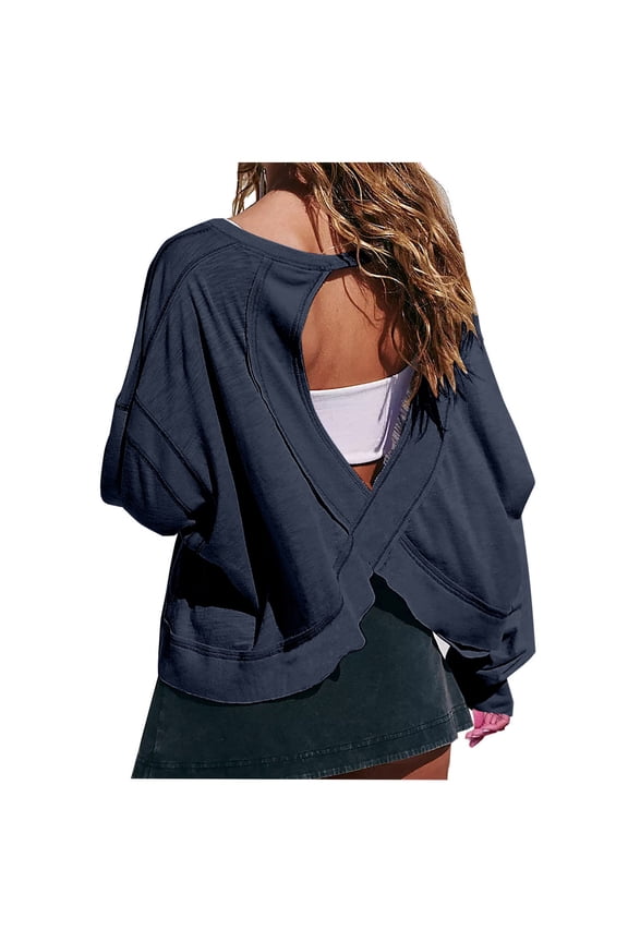 Women's Yoga Tops Long Sleeve Crewneck Backless Workout Crop Top Casual Gym Shirts with Thumb Hole