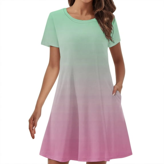 Diufon WomenS Plus Size Dresses Gradient Printed Dress Crewneck Short Sleeve Dress with Pockets