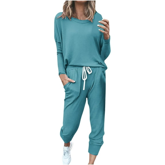 Diufon Womens 2 Piece Sets Crew Neck Long Sleeve Tops Solid Color Drawstring Pants with Pockets