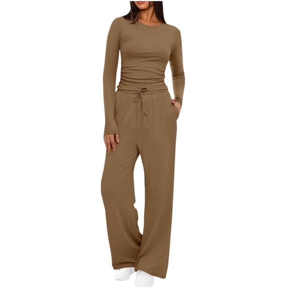Diufon Womens 2 Piece Sets Long Sleeve Crop Top and Wide Leg Pants with Pockets Casual Sweatsuit Matching Set