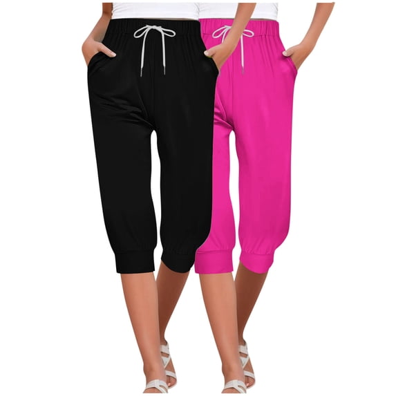 Diufon Womens 2pc Capris Pants Elastic Waist Drawstring Pants Summer Solid Color Pants with Pockets