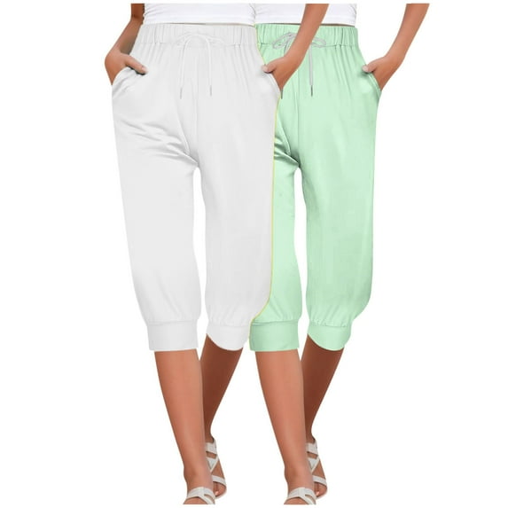 Diufon Womens 2pc Capris Pants Elastic Waist Drawstring Pants Summer Solid Color Pants with Pockets