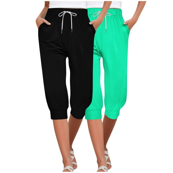 Diufon Womens 2pc Capris Pants Elastic Waist Drawstring Pants Summer Solid Color Pants with Pockets