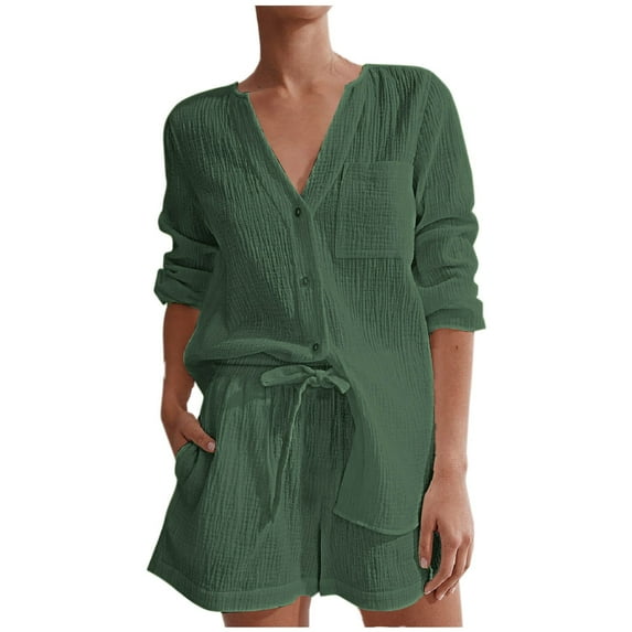 Diufon Womens 2pc Cotton Outfits V Neck Button Long Sleeve Shirts Elastic Waist Shorts Lounge Sets