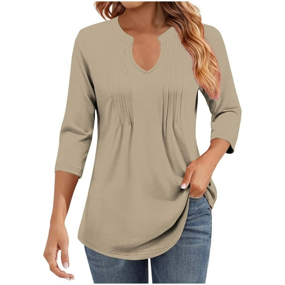 Diufon Womens 3/4 Sleeve Tops Business Casual Blouses V Neck Pleated Shirts Solid Color Dressy Tunic Tops