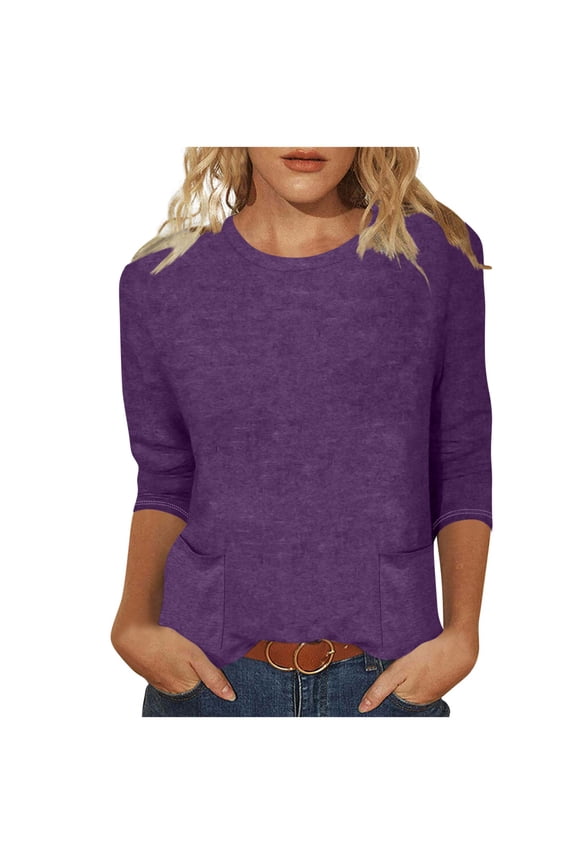 Womens 3/4 Sleeve Tops Round Neck Cute Pullover Tops Solid Color Casual Basic Tunic Blouses with Pockets