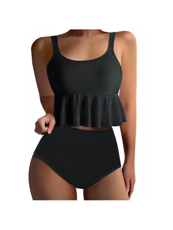 Womens Bikini Set with High Waisted Bottoms and Ruffled Hem Tops 2 Piece Swimsuit for Summer Beach