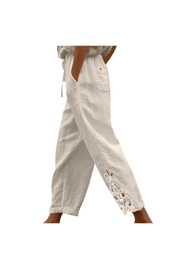 Womens Boho Pants Linen Palazzo Pants Summer Casual Wide Leg Drawstring Lace Trim Pants with Pockets