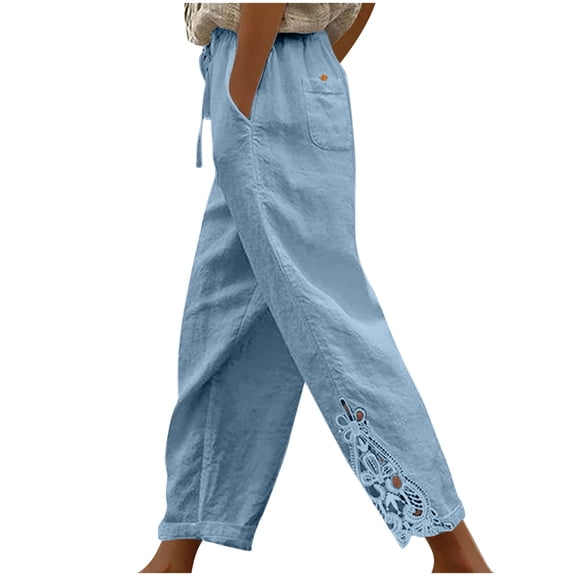 Diufon Womens Boho Pants Linen Palazzo Pants Summer Casual Wide Leg Drawstring Lace Trim Pants with Pockets