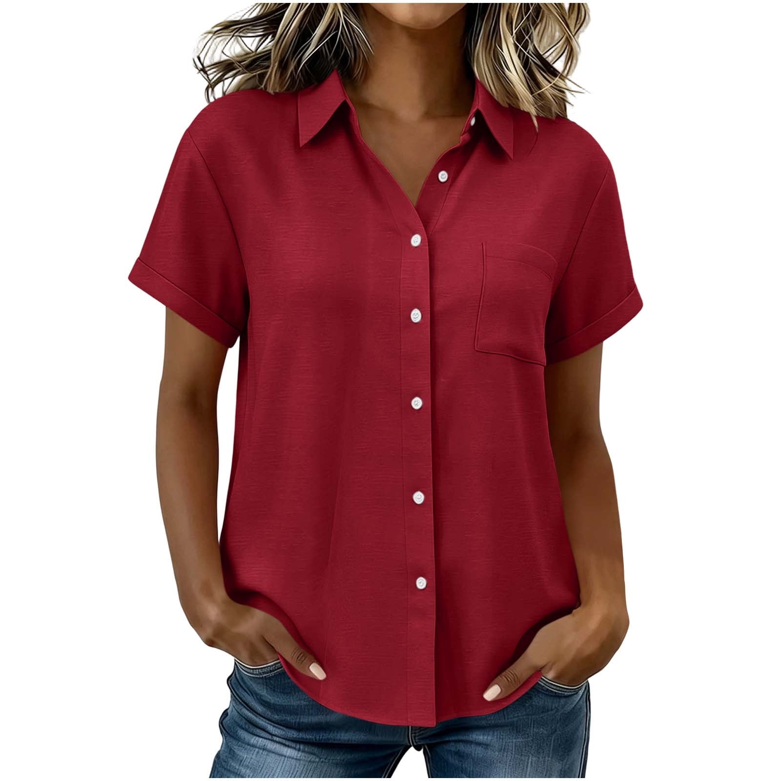 Diufon Womens Button Down Shirts Rolled Short Sleeve Collared Casual ...