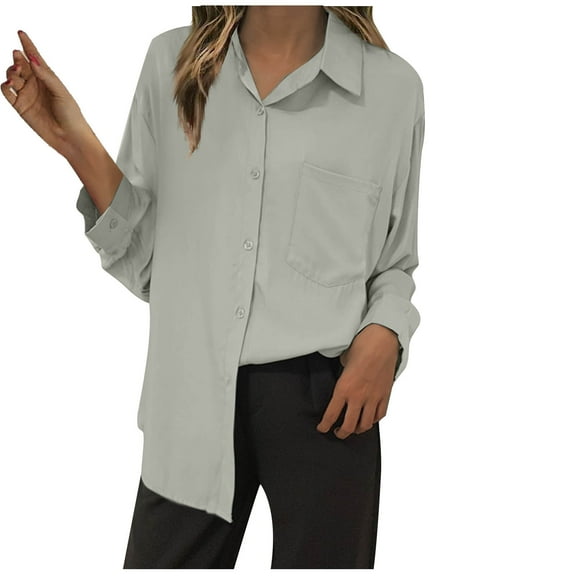 Diufon Womens Button down Shirts Casual Long Sleeve Solid Color Blouses Lapel Collar Tops with Pockets