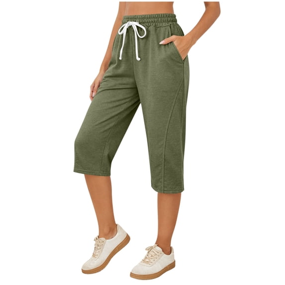 Diufon Womens Capri Pants Summer Causal Elastic Waist Loose Pants Button Cropped Workout Pants with Pockets