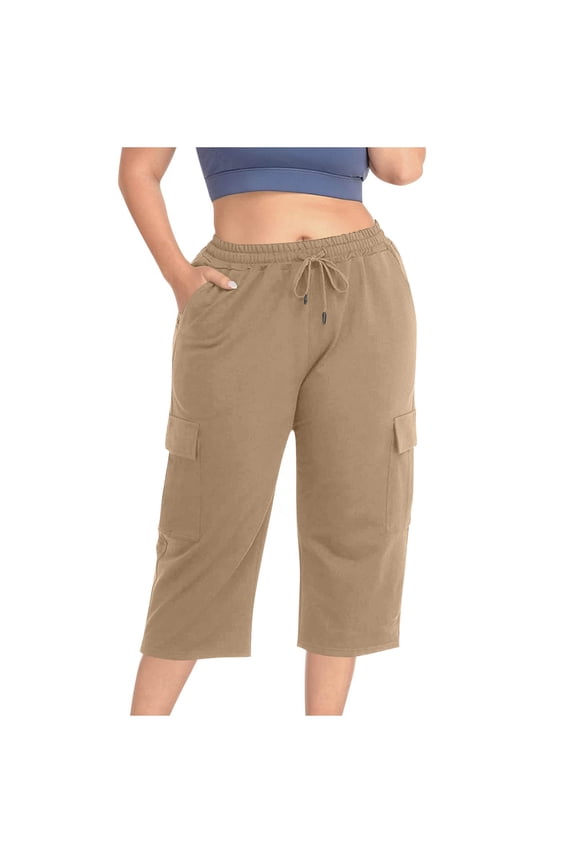Womens Cargo Capris Plus Size High Waisted Drawstring Pants Summer Casual Wide Leg Capri with Pockets