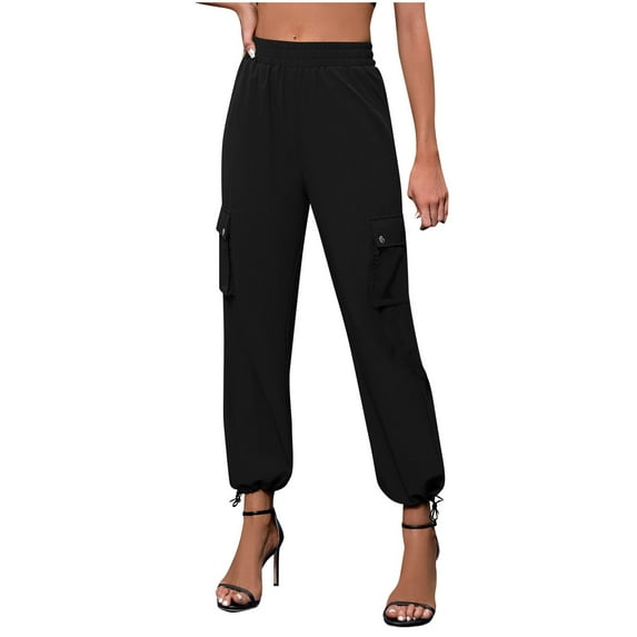 Diufon Womens Cargo Pants Casual Cinch Bottom Pants Elastic High Waist Pants with Pockets