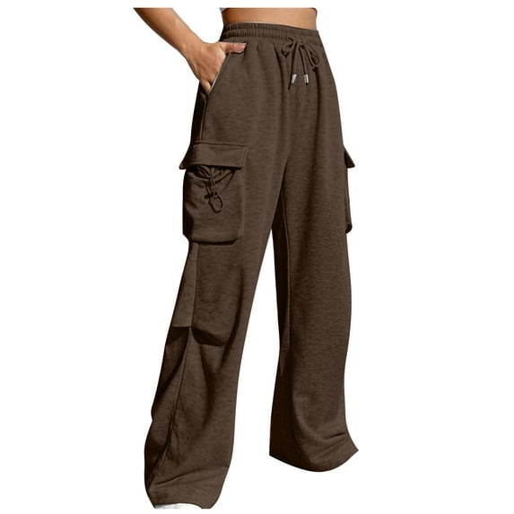 Diufon Womens Cargo Pants Solid Color Wide Leg Pants Elastic Waist Drawstring Pants with Pockets