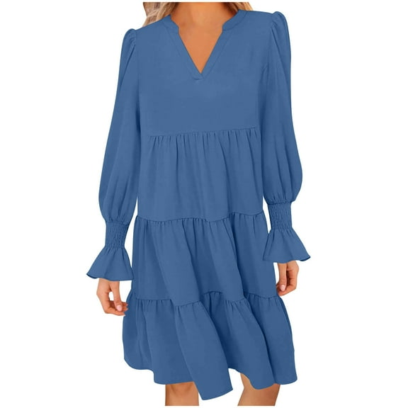 Diufon Womens Casual Dresses V Neck Puff Flare Long Sleeve Dress Fall Baggy Pleated Midi Dress