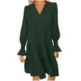 thumbnail image 1 of Diufon Womens Casual Dresses V Neck Puff Flare Long Sleeve Dress Fall Baggy Pleated Midi Dress, 1 of 6