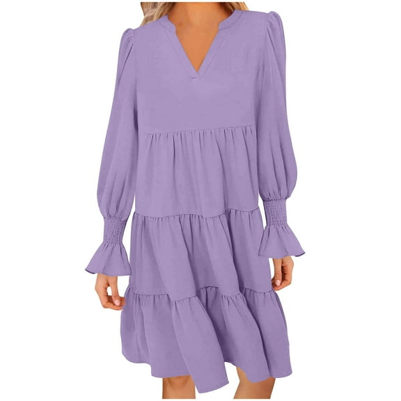 Diufon Womens Casual Dresses V Neck Puff Flare Long Sleeve Dress Fall Baggy Pleated Midi Dress