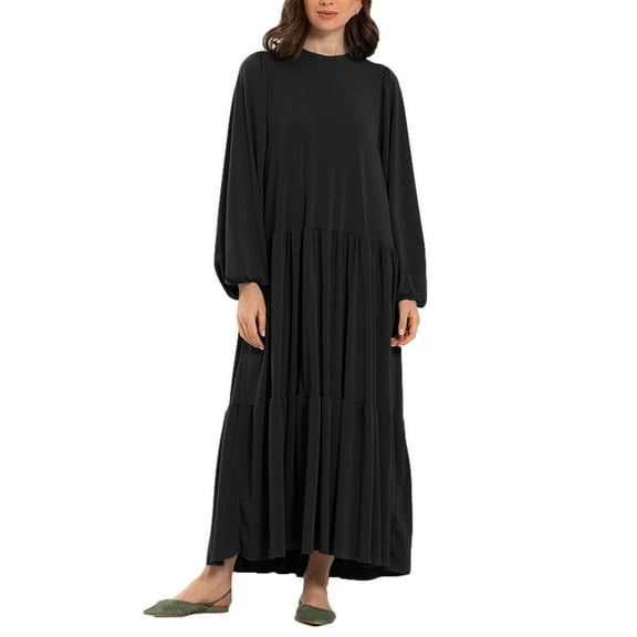 Diufon Womens Casual Loose Maxi Dress Fall Solid Color Long Sleeve Pullover Baggy Pleated Long Dress