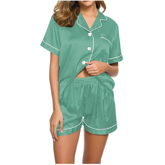 Diufon Womens Casual Pjs Sets Lapel Button Short Sleeve Shirts with Pockets Elastic Waist Shorts Sets